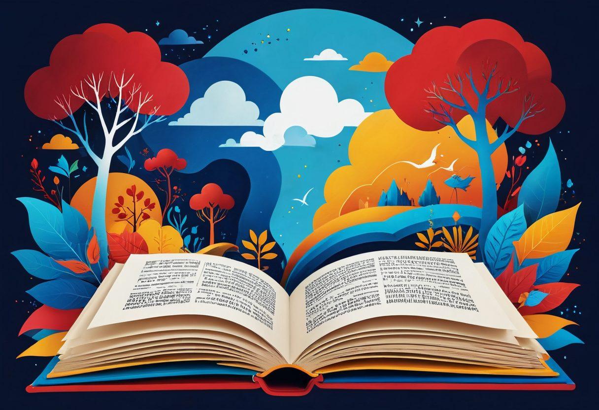 A whimsical illustration of an open book with vivid, swirling stories emerging from its pages, capturing diverse characters and landscapes that represent various genres. In the background, a digital device displays an engaging blog interface surrounded by elements symbolizing online audience interaction, like comments and social media icons. The color palette is rich and vibrant, evoking a sense of creativity and inspiration. painterly style. vibrant colors. 3D effect.