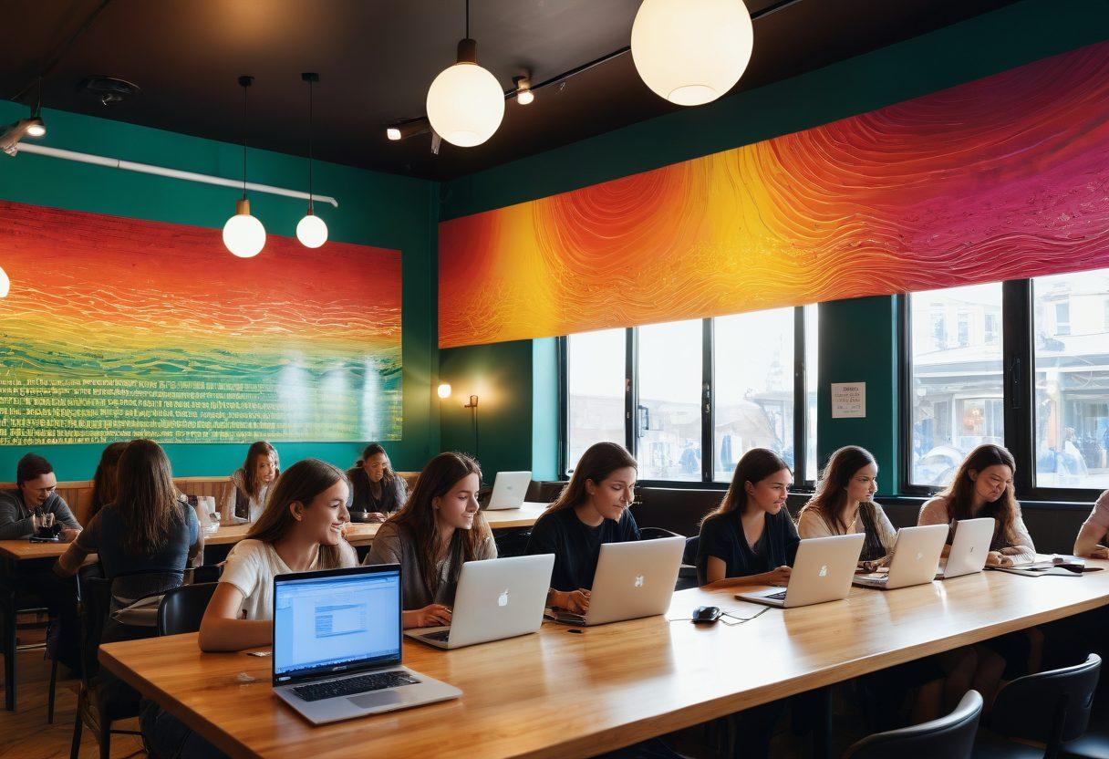 A lively scene depicting a diverse group of people passionately engaging with laptops and microphones in a modern, sunlit café. The walls are adorned with inspirational quotes about blogging and creativity, while ethereal waves of sound visually emanate from open laptops, symbolizing the unlocking of voices. Bright colors illustrate energy and innovation. surrealistic. vibrant colors. subtle digital elements.